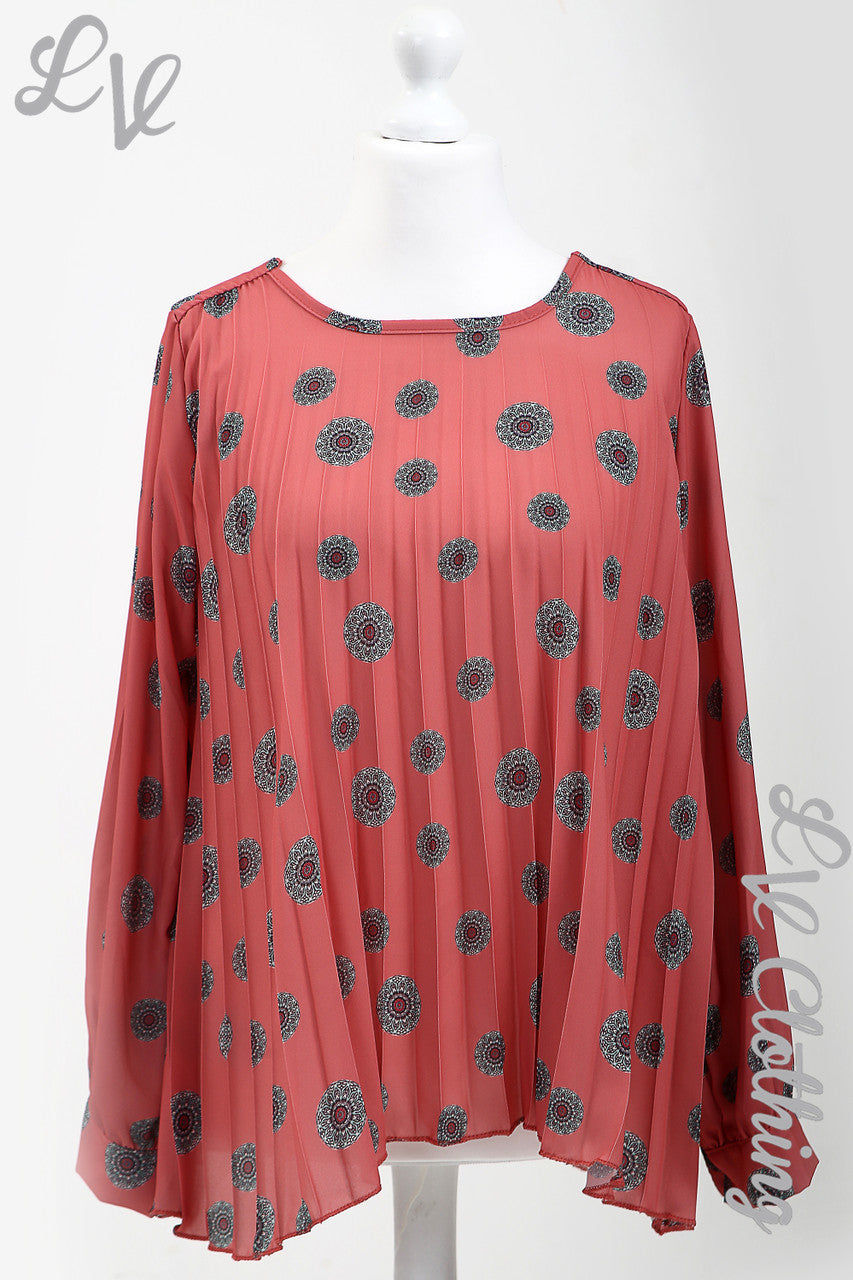 Ladies Circle Tribal Print Pleated Blouse Salmon - Unit Price £10.99