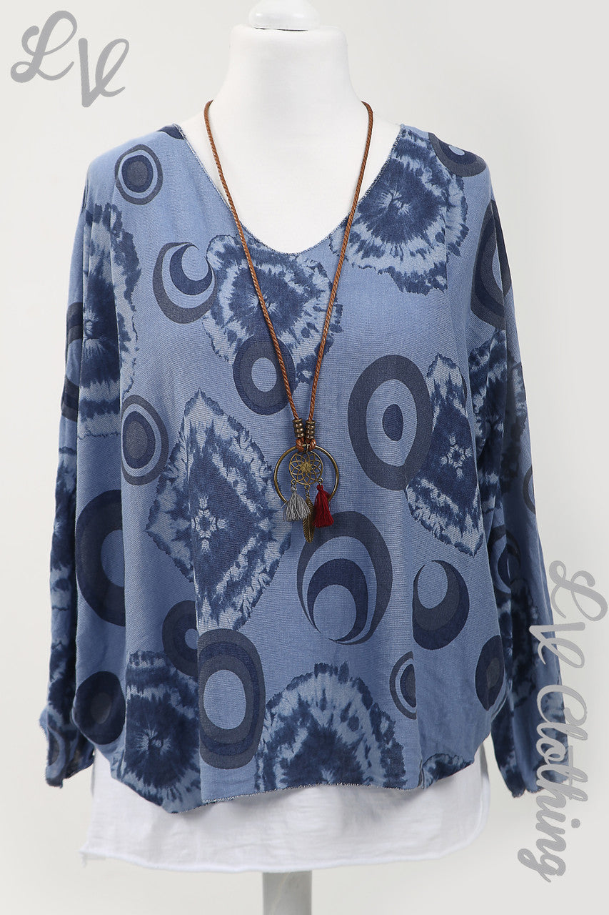 Ladies Circle & Tie Dye Print 2 Piece Top With Necklace Denim - Unit Price £13.99