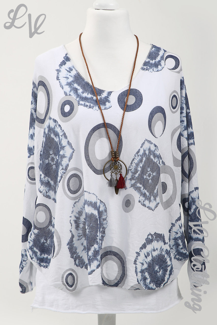 Ladies Circle & Tie Dye Print 2 Piece Top With Necklace White - Unit Price £13.99
