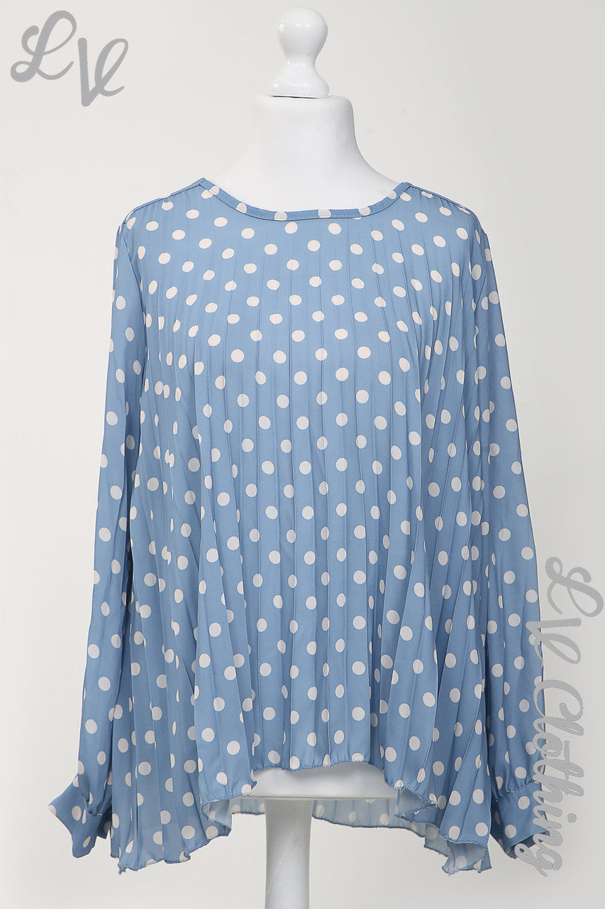 Dames Blouse met Polkadots en Plooitjes in Denim - Prijs per stuk Was €9,99