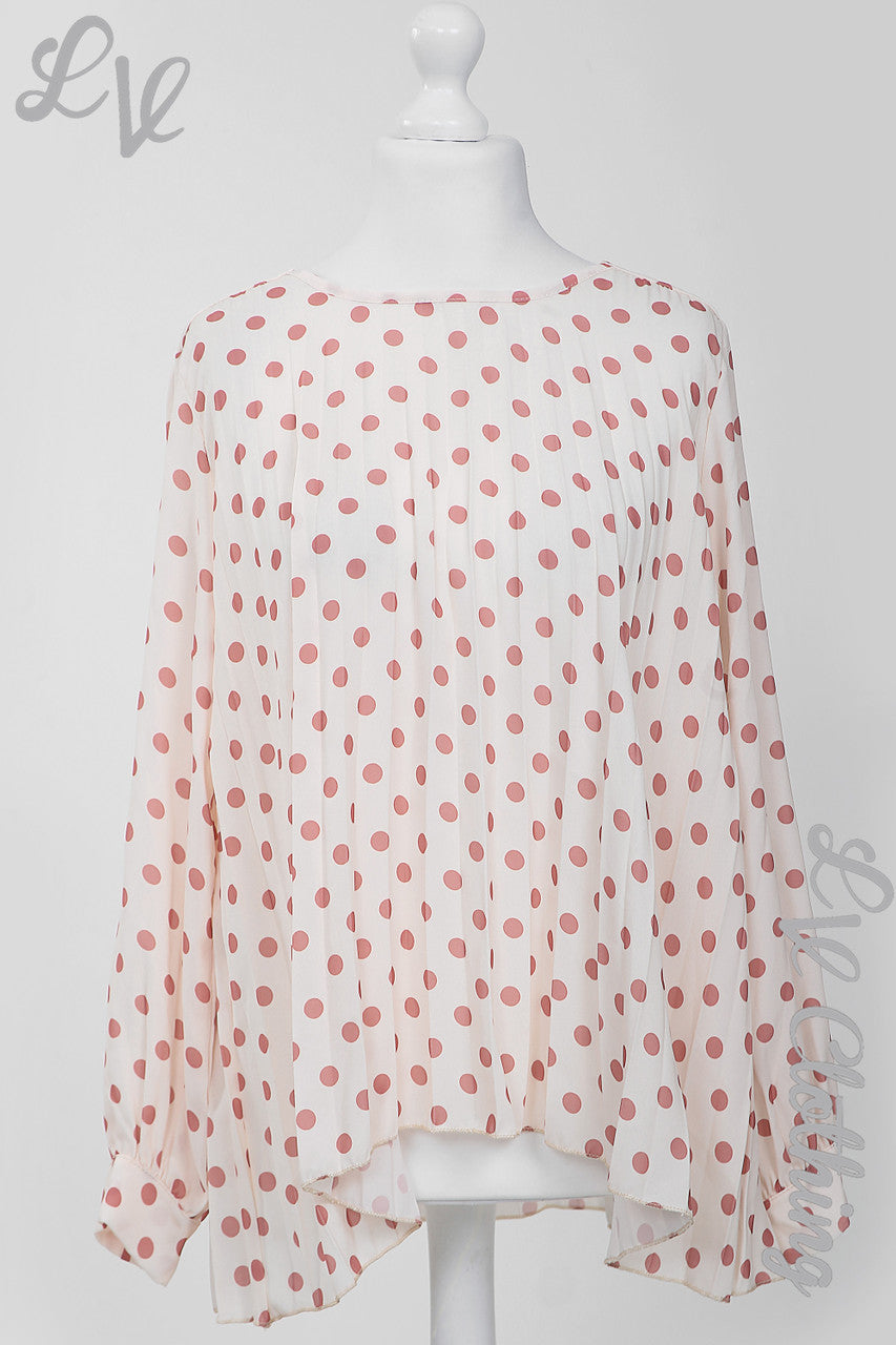 Ladies Polka Dot Print Pleated Blouse Salmon/Beige - Unit Price Was £9.99