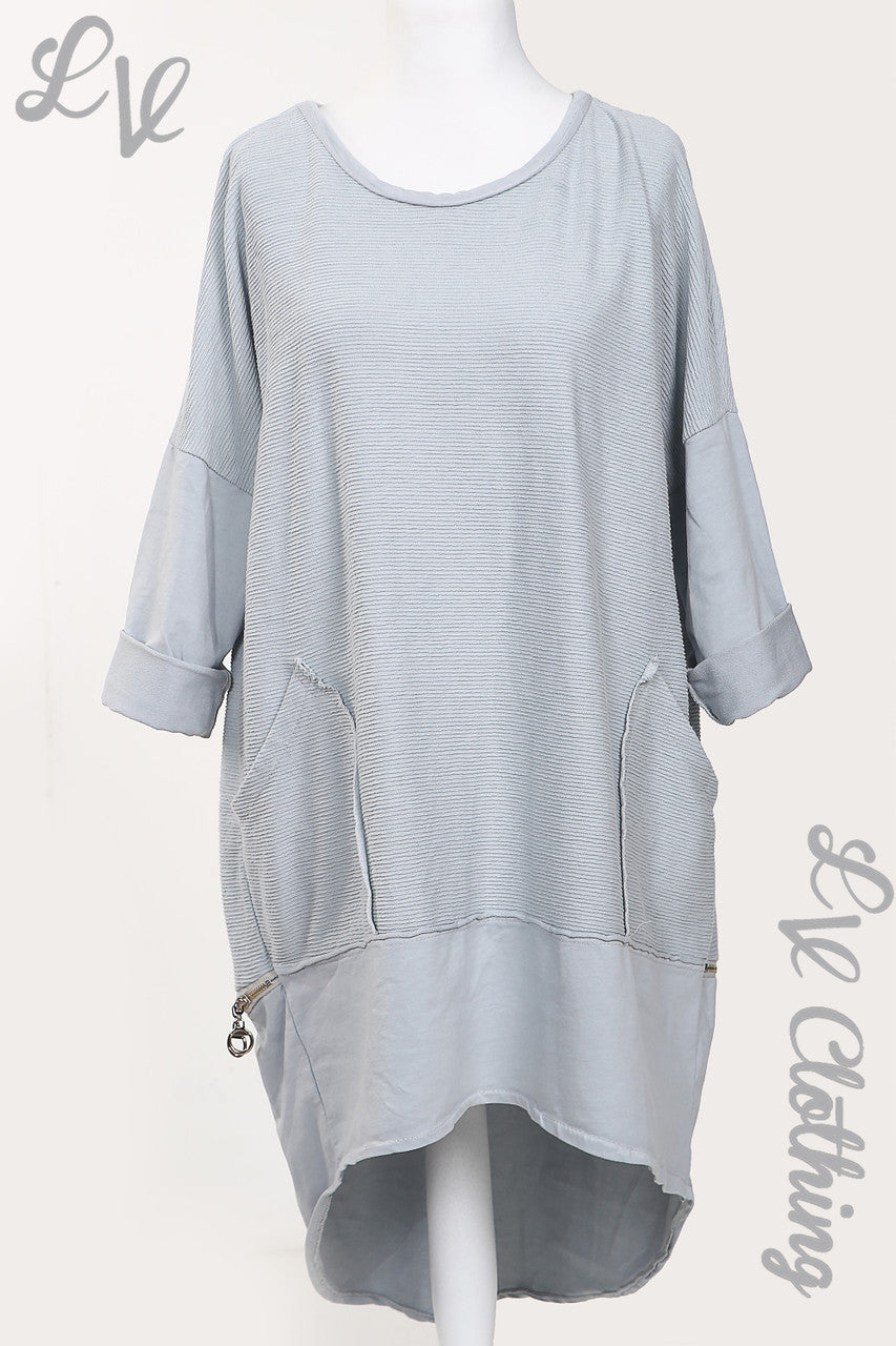 Ladies Ribbed Tunic With Zip Hem Detail Grey - Unit Price £15.99