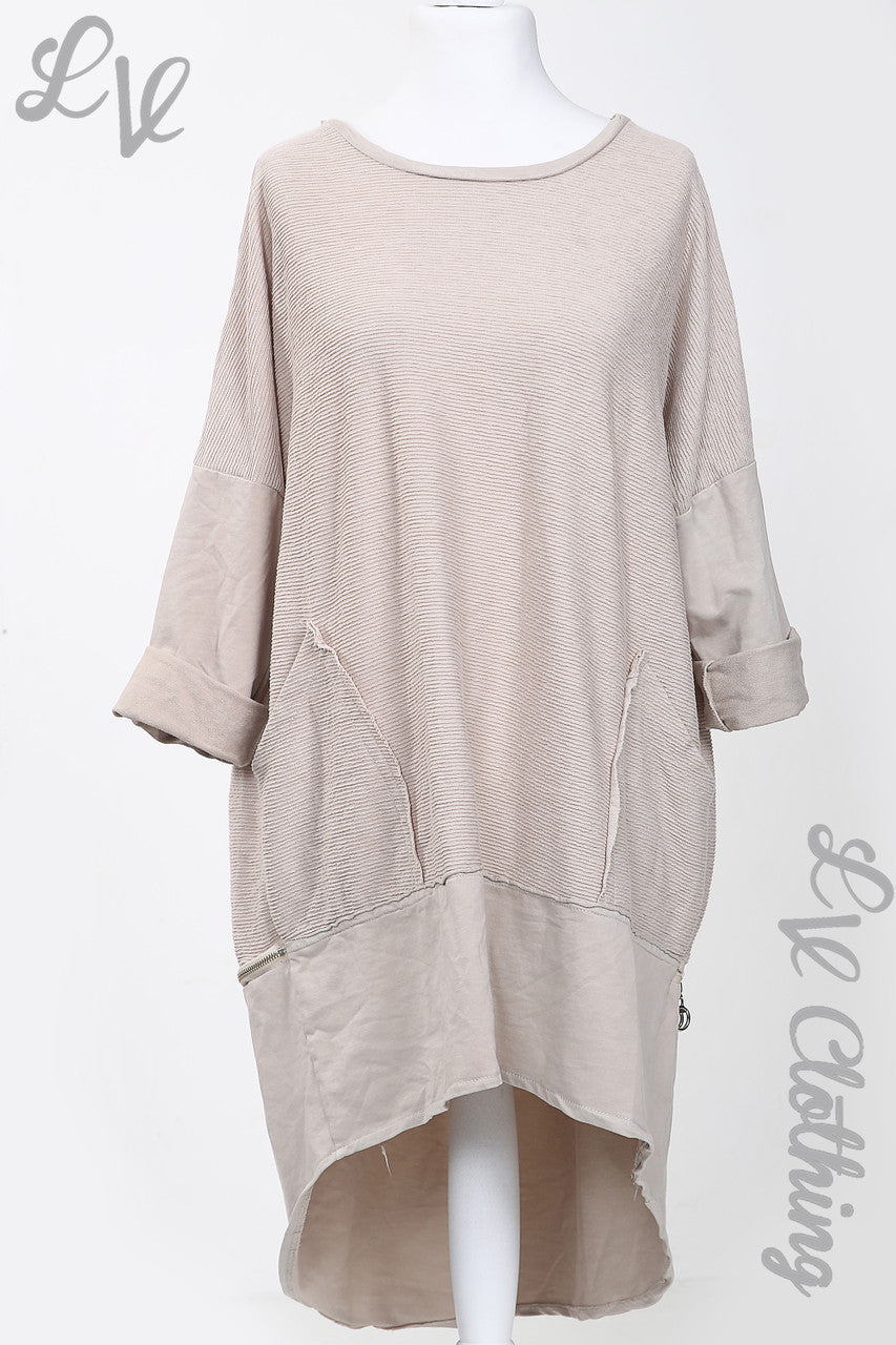 Ladies Ribbed Tunic With Zip Hem Detail Stone - Unit Price £15.99