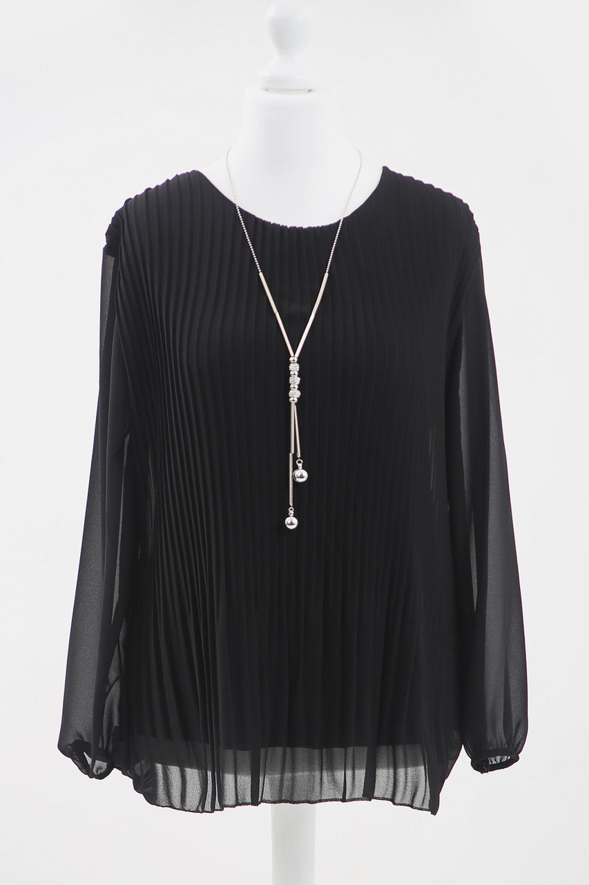 Ladies Pleated Long Sleeve Blouse With Necklace Black - Unit Price £9.99