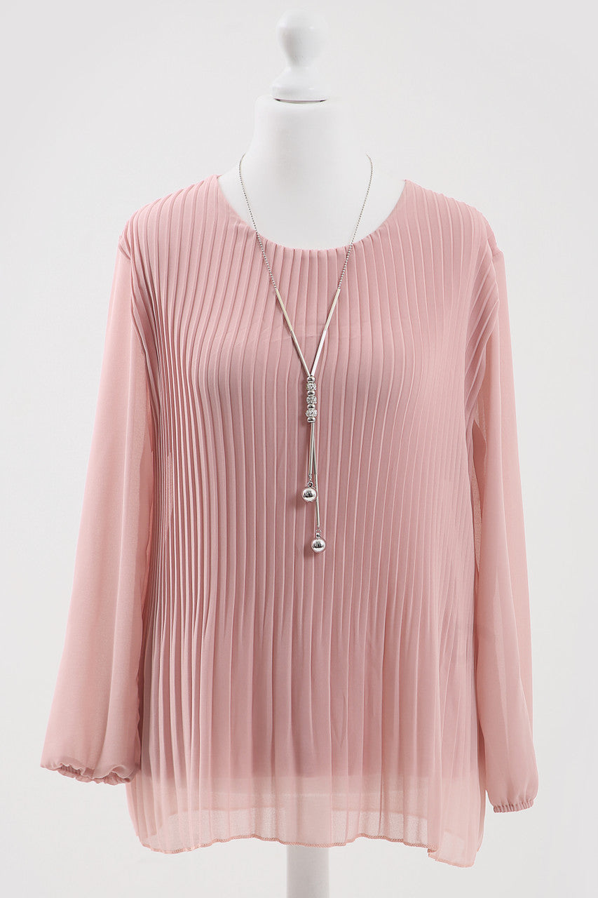 Ladies Pleated Long Sleeve Blouse With Necklace Pink - Unit Price £4.99