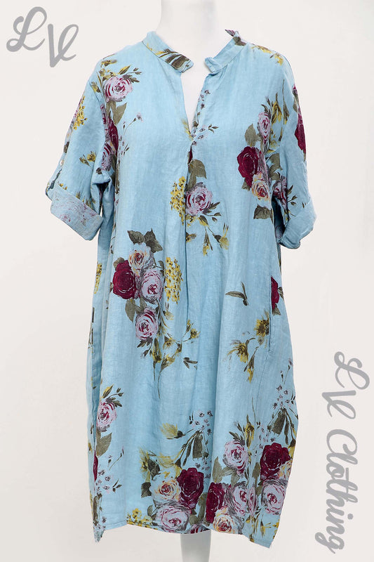 Light blue linen V-neck shirt dress with burgundy floral print and 3/4 sleeves