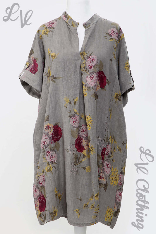 Taupe linen floral print v-neck shirt dress with short sleeves