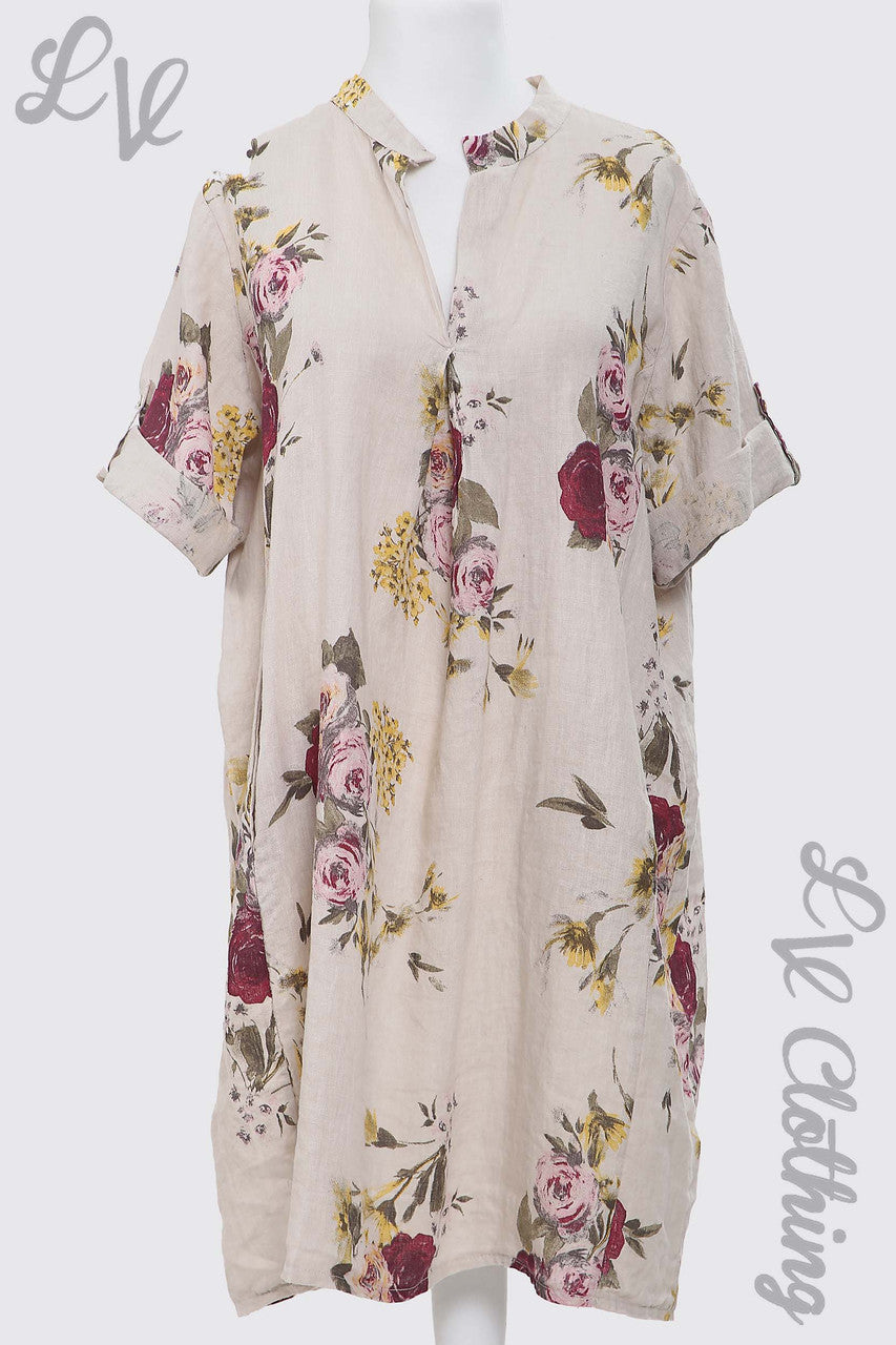 Ladies Linen Floral Print V-Neck Shirt Dress/Top Stone - Unit Price £18.99
