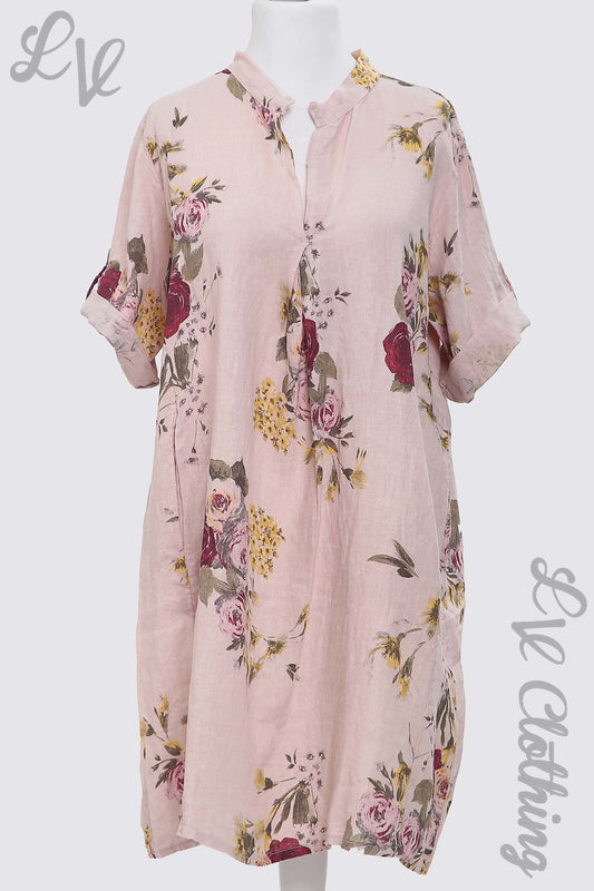 Dusty pink linen floral V-neck shirt dress with short loose sleeves, button placket