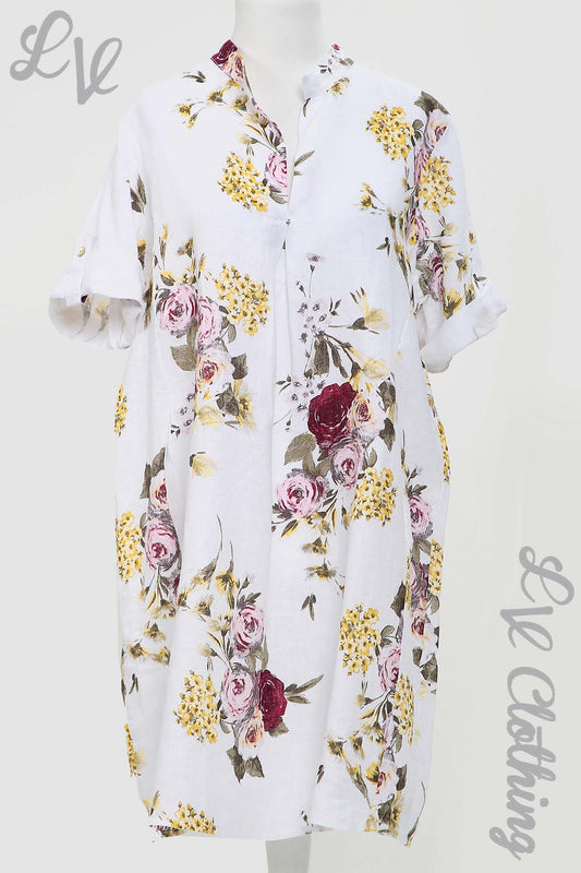 Linen floral print v-neck shirt dress, white with multicolor flowers and short sleeves