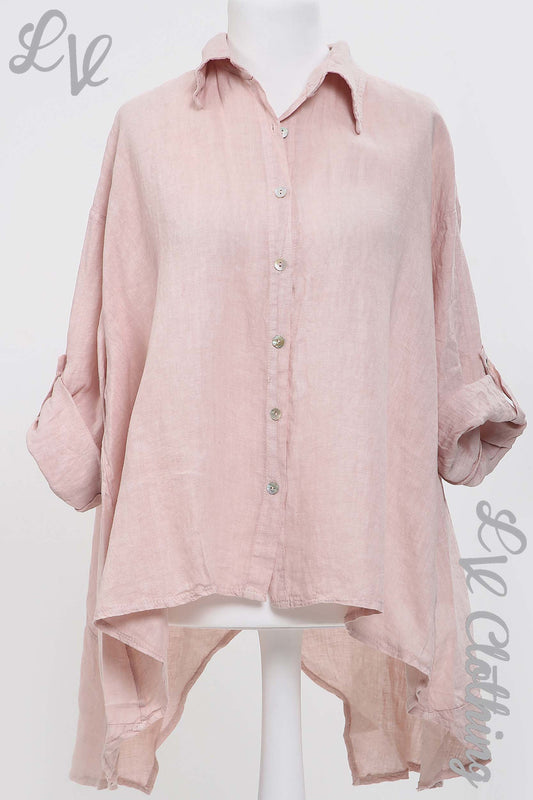 Dusty pink linen hanky-hem shirt with button front and rolled sleeves
