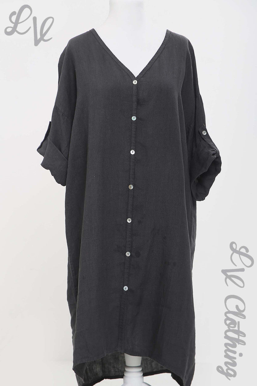 Ladies Linen Button Up Front Dress Charcoal - Unit Price £18.99