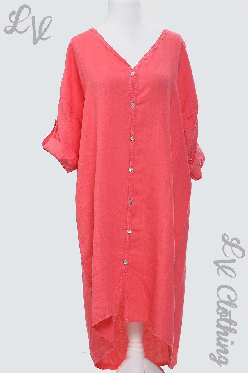 Ladies Linen Button Up Front Dress Coral - Unit Price £18.99