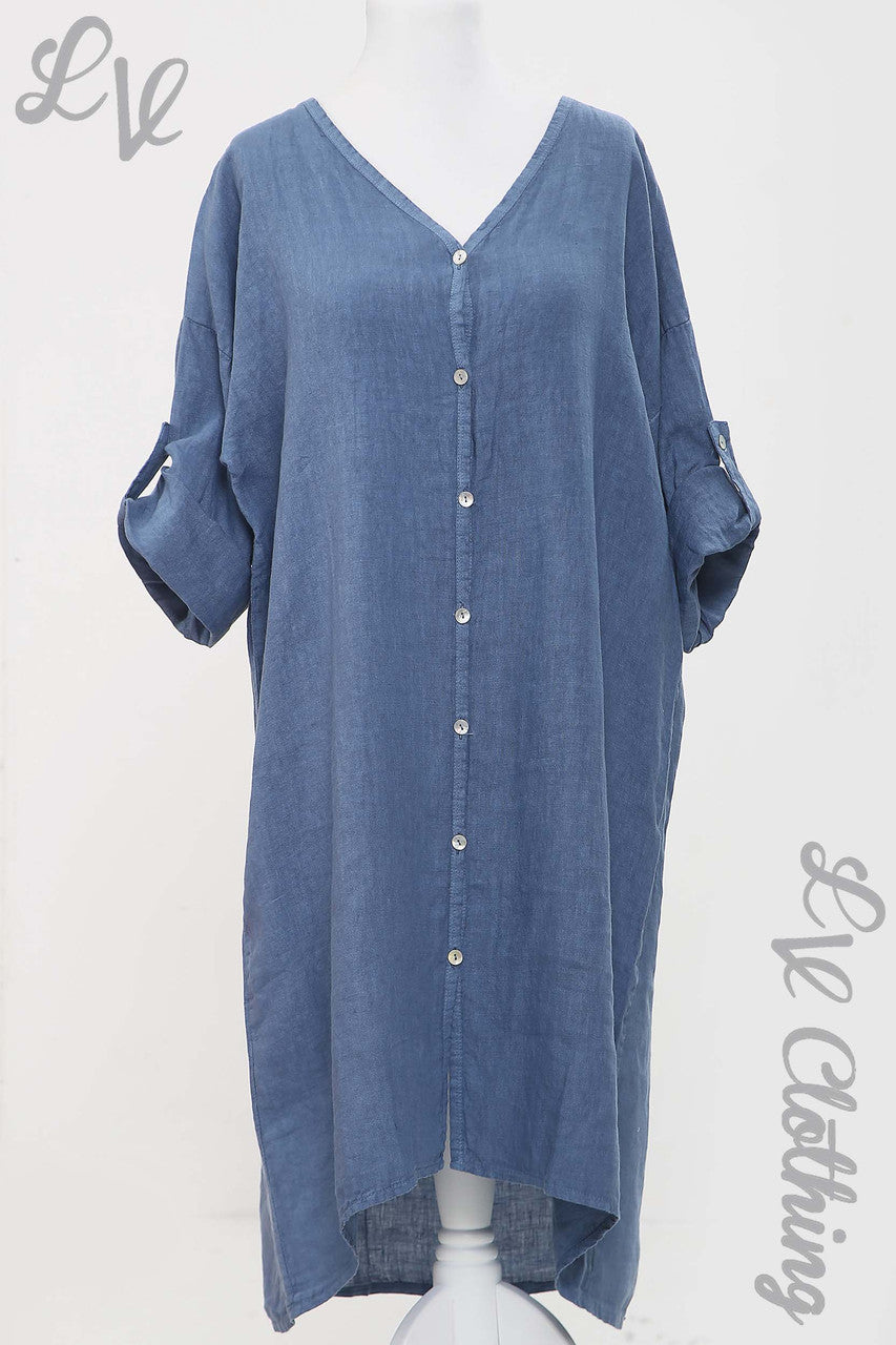 Ladies Linen Button Up Front Dress Denim - Unit Price £18.99