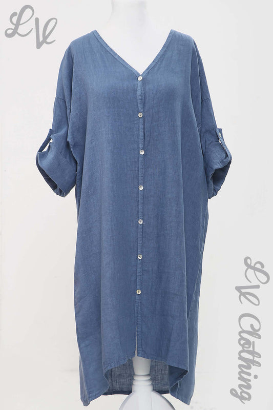 Linen button-up dress in blue with V-neck, short sleeves, and front button placket