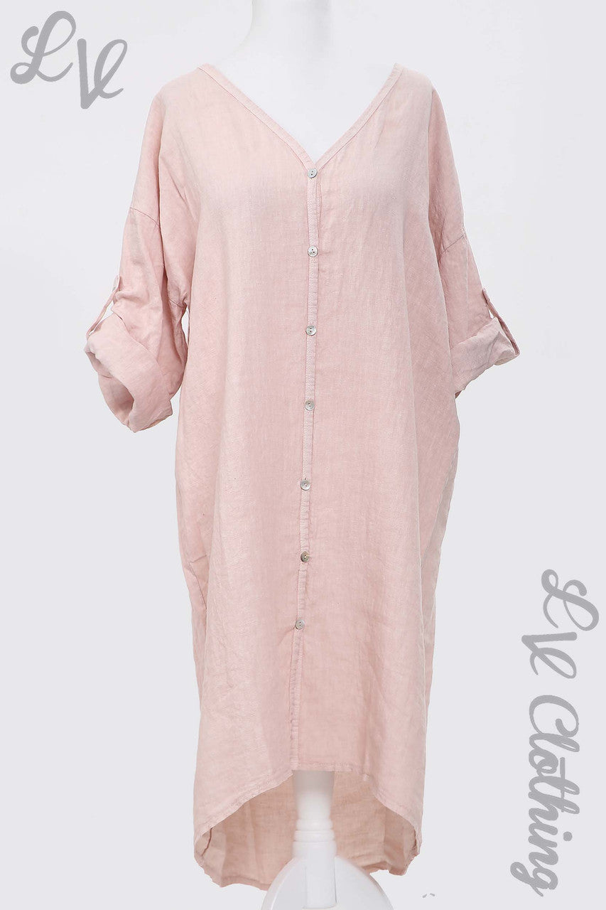 Ladies Linen Button Up Front Dress Dusty Pink - Unit Price £18.99