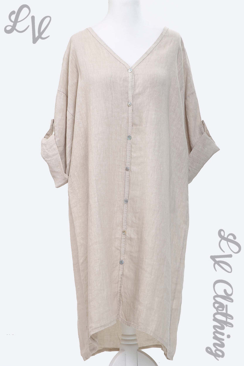 Dames Linnen Jurk met Knoopsluiting Steengrijs - Stukprijs € 18,99