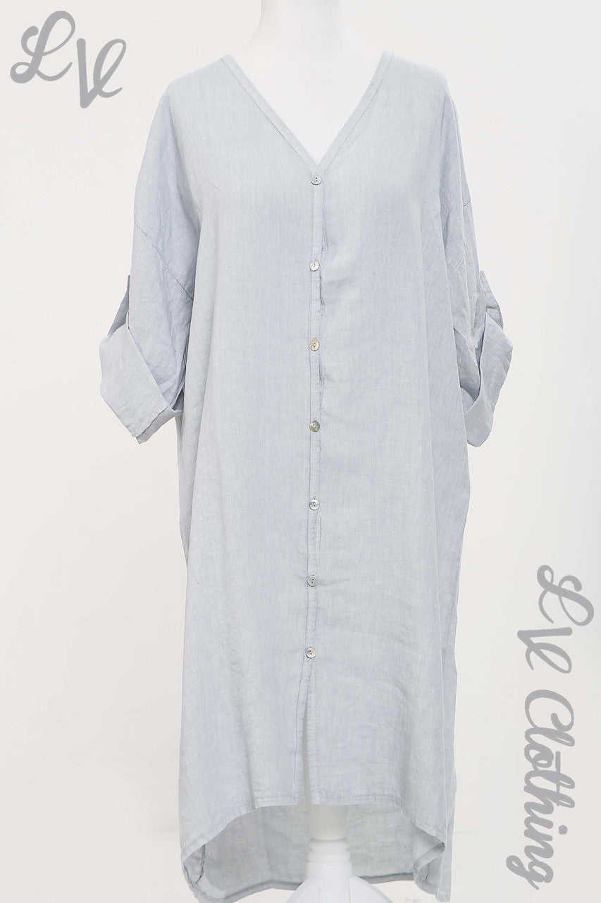 Ladies Linen Button Up Front Dress Silver - Unit Price £18.99