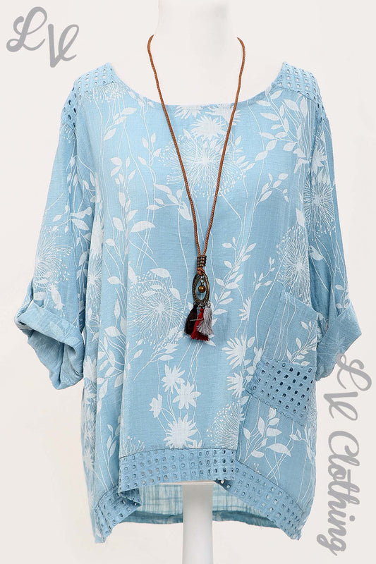 Blue dandelion print cut-out shoulder top with tassel necklace, loose batwing sleeves