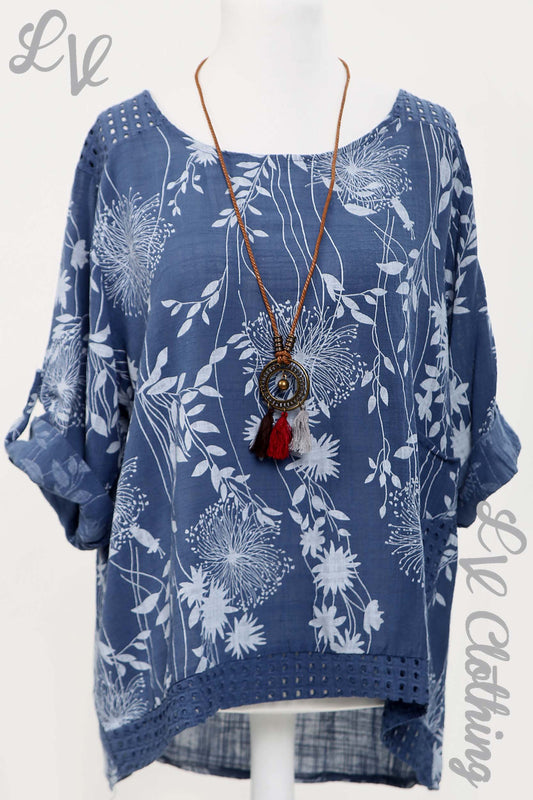 Navy dandelion print cut-out shoulder top with tassel necklace detail, loose 3/4 sleeves