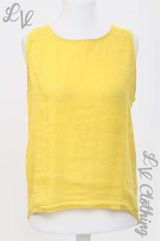 Mustard linen sleeveless top with round neck, soft drape