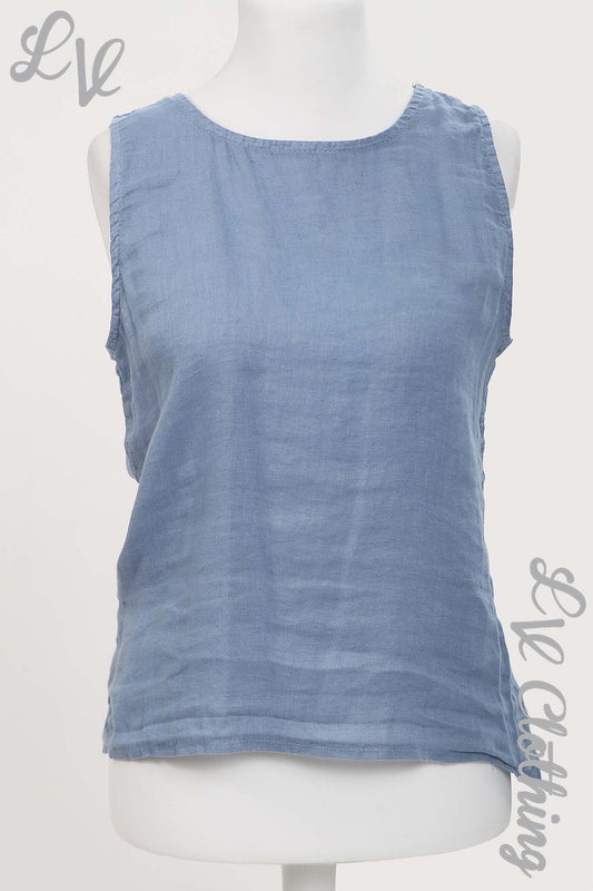 Light blue sleeveless linen top with square neckline