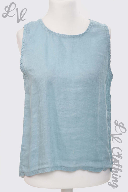 Light blue linen sleeveless top with crew neck