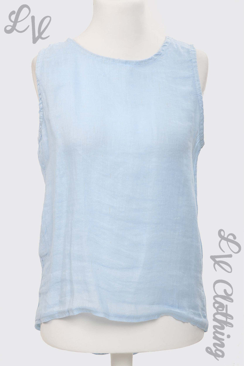 Ladies Linen Sleeveless Top With Button Up Back Light Blue - Unit Price £13.99