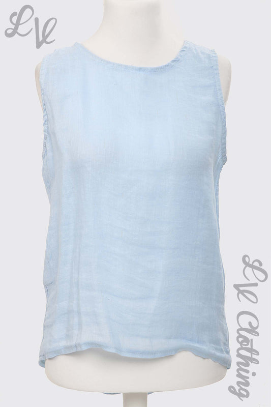 Light blue linen sleeveless top with scoop neckline