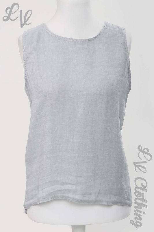 Light blue linen sleeveless top with round neckline
