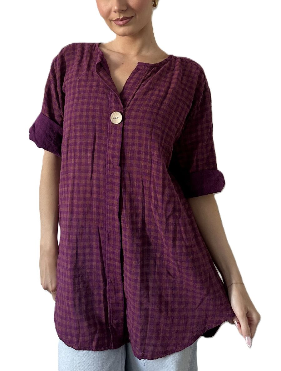 Gingham Check Oversized Linen Relaxed Fit Button-Up Tunic Top