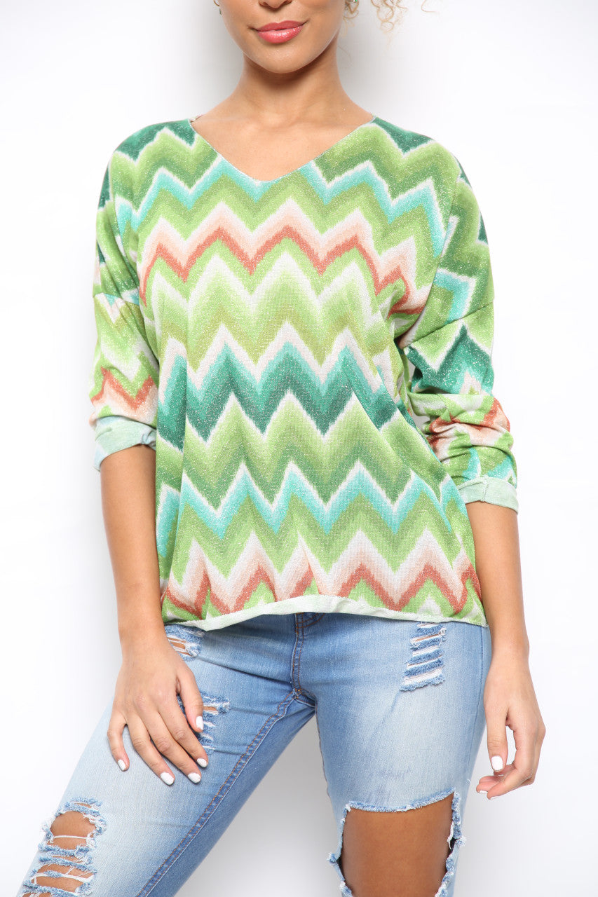 Ladies Shimmer Zig Zag Print Top Green