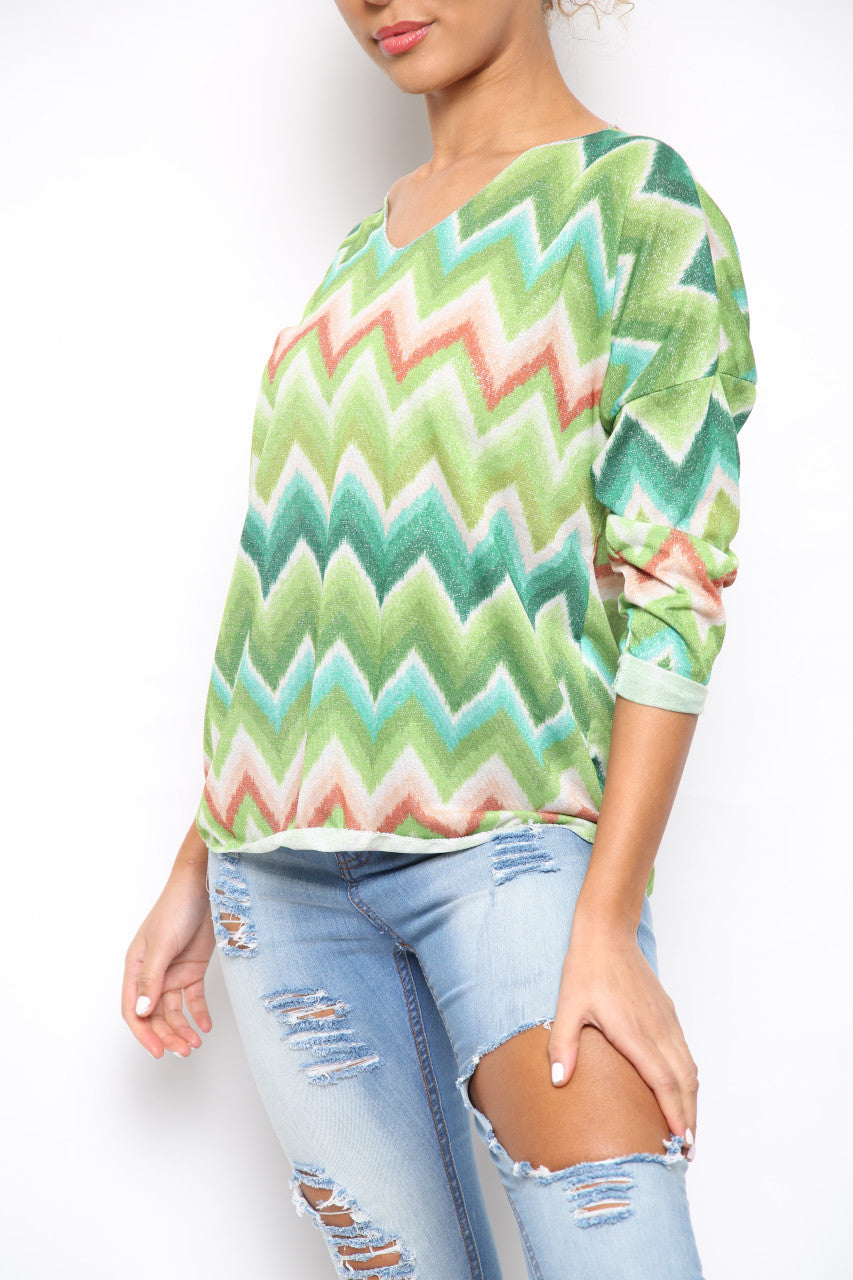 Ladies Shimmer Zig Zag Print Top Green