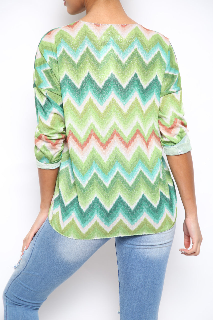 Ladies Shimmer Zig Zag Print Top Green