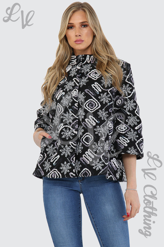 Black floral zigzag print jacket with high neck and three-quarter sleeves