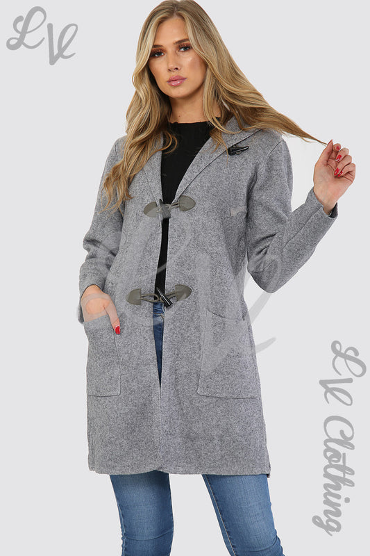 Grey hooded cardigan jacket with toggle buttons and two front pockets, long sleeves