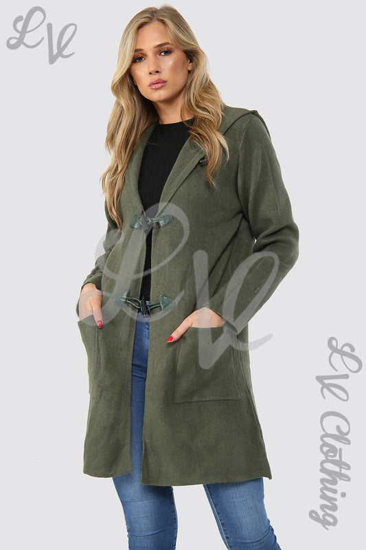 Hooded toggle cardigan jacket with front pockets, dark green, long sleeves