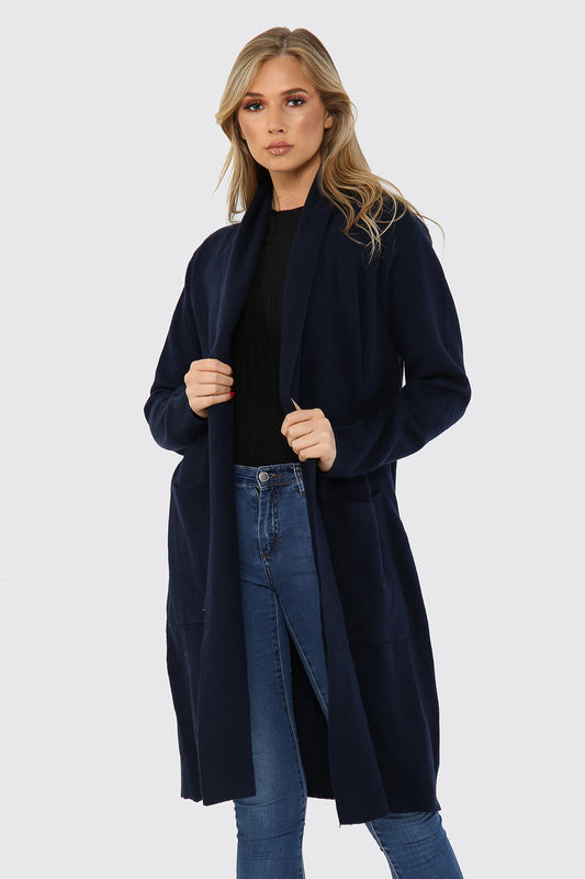 Women's navy knitted open-front cardigan with long sleeves and side pockets