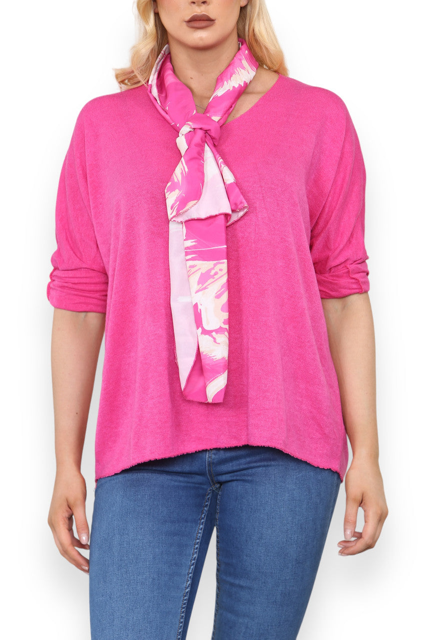 PLAIN FINE KNIT TOP WITH PRINTED SILKY SCARF CERISE