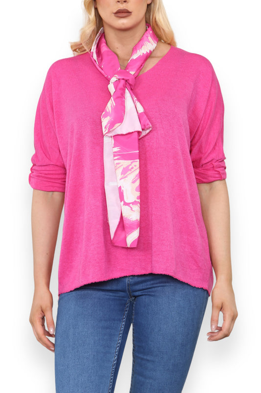 PLAIN FINE KNIT TOP WITH PRINTED SILKY SCARF CERISE