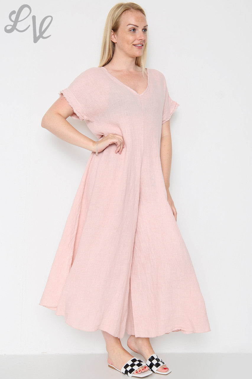 Dames jumpsuit van linnen met onafgewerkte zoom, Dusty Pink, Prijs per stuk £ 19,99