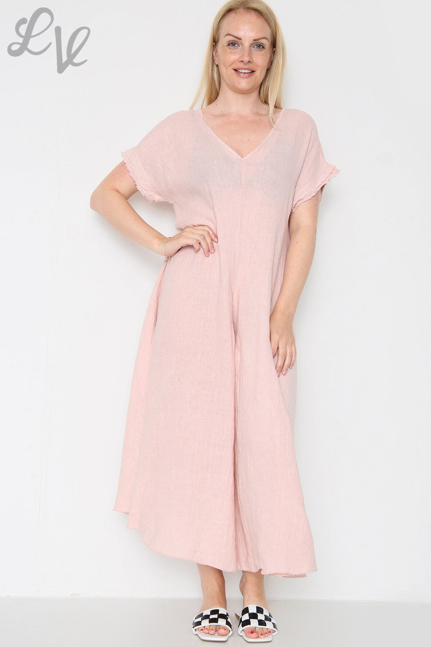 Dames jumpsuit van linnen met onafgewerkte zoom, Dusty Pink, Prijs per stuk £ 19,99