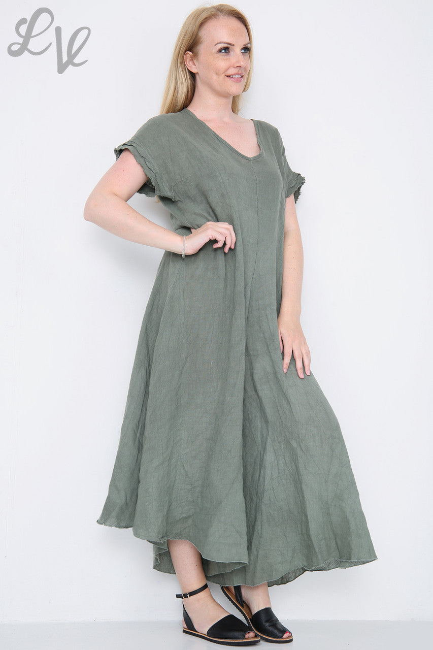 Dames linnen jumpsuit met onafgewerkte zoom kaki Stukprijs €19,99