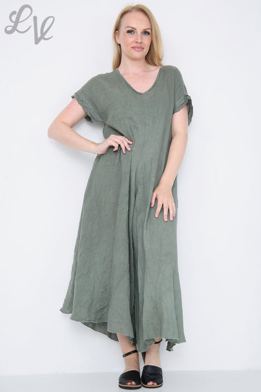 Dames linnen jumpsuit met onafgewerkte zoom kaki Stukprijs €19,99
