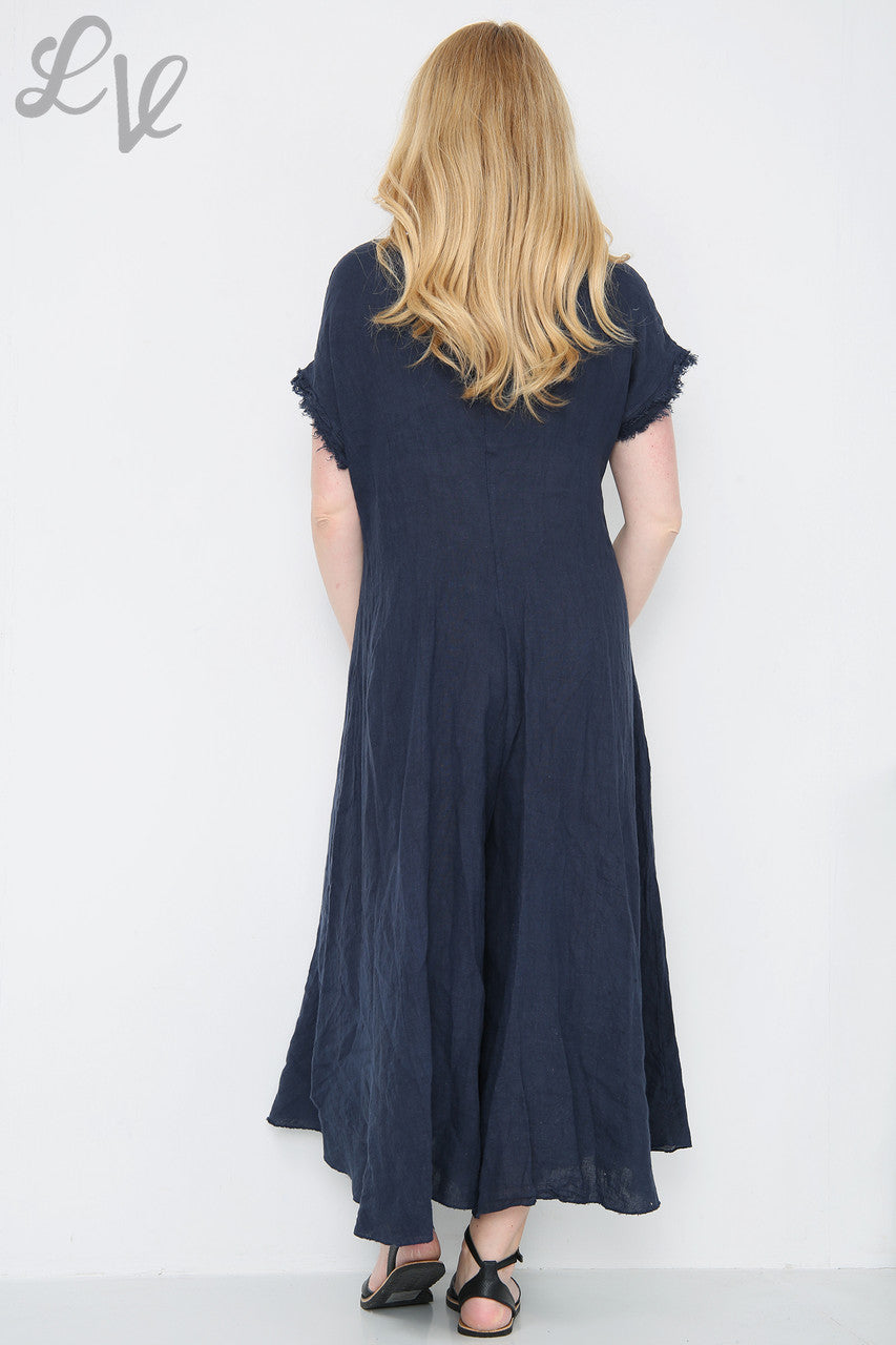 Dames Linnen Jumpsuit met Onafgewerkte Zoom Marineblauw Stukprijs £19.99