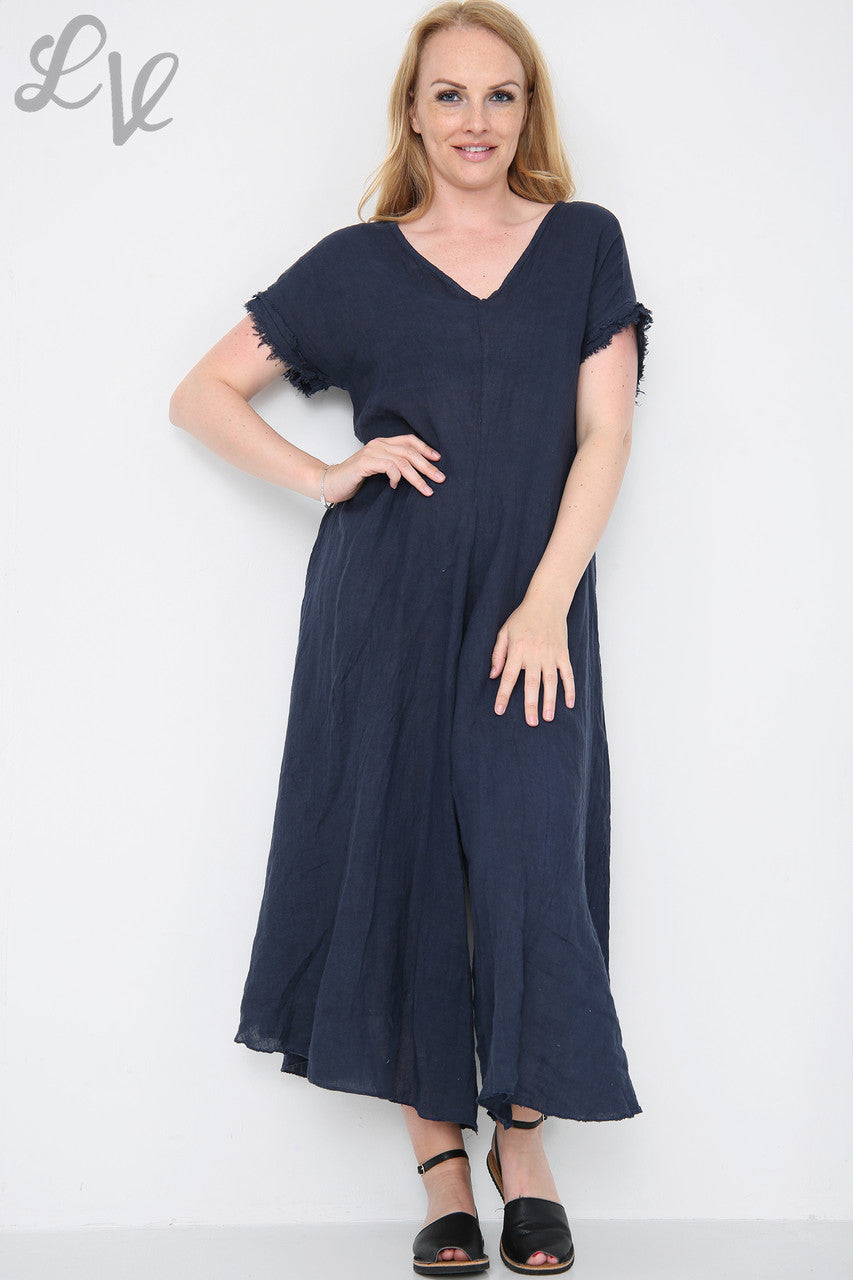 Dames Linnen Jumpsuit met Onafgewerkte Zoom Marineblauw Stukprijs £19.99
