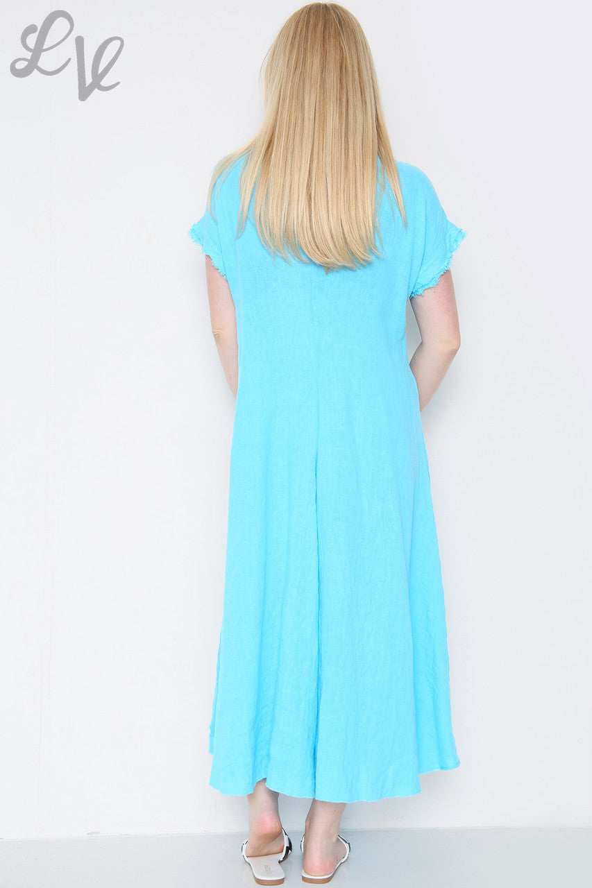 Dames Linnen Jumpsuit met Onafgewerkte Zoom Turkoois Prijs per stuk €19.99