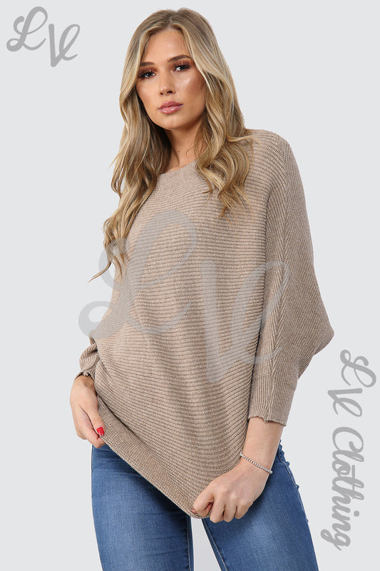Taupe knitted batwing sleeve jumper with round neck and ribbed hem