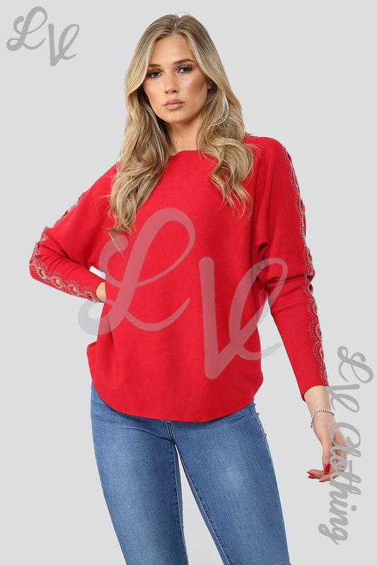 Red sequin jumper with cut-out sleeve detail and round neckline