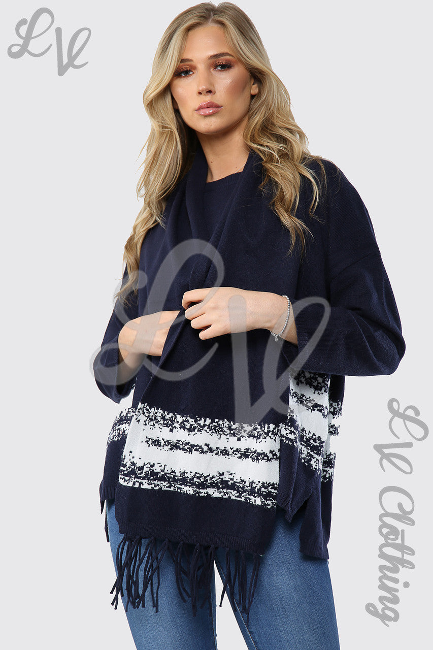 Ladies Knitted Jumper With Scarf Navy - Unit Price £20.99